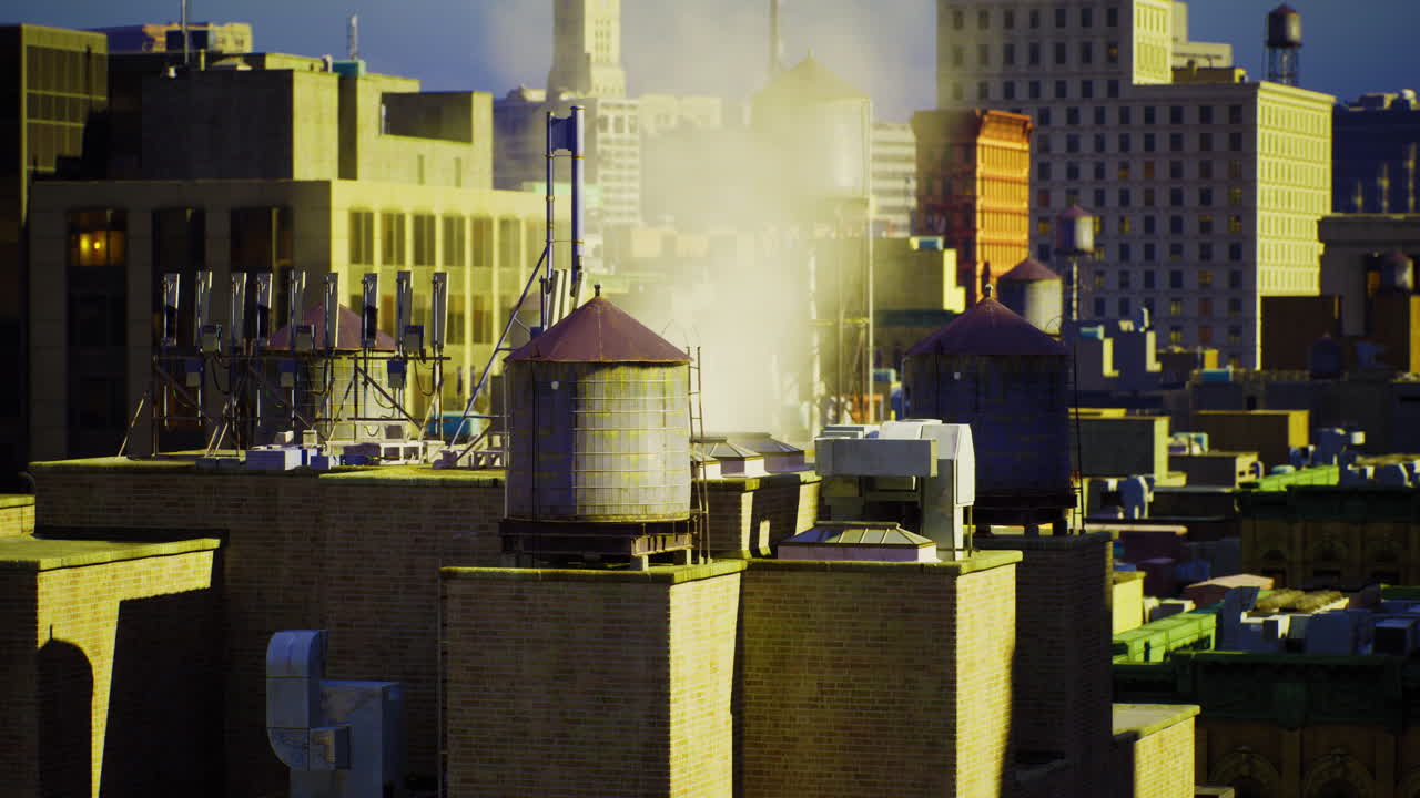 Steam rising above city rooftops in a bustling urban landscape
