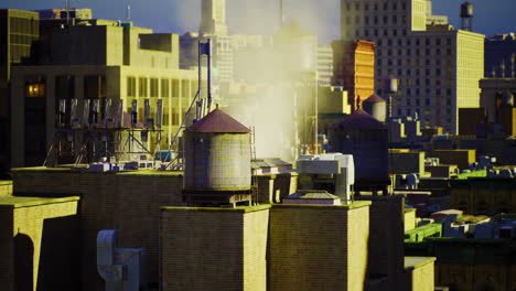 steam rising above city rooftops in a bustling urban landscape