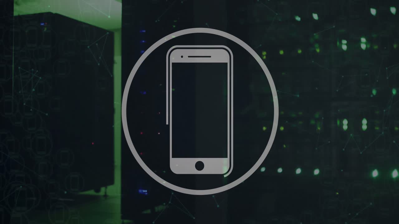 Animation of smartphone icon over black background with green lights