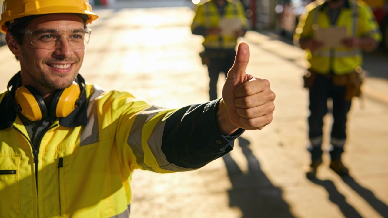 Lavoratore a sinistra che fa il pollice in su, con colleghi che si avvicinano in un cantiere illuminato dal sole, indossando cappello e abbigliamento ad alta visibilità