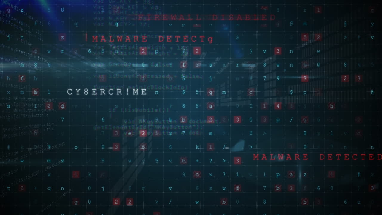 Animation of cyber attack warning over data processing on black background