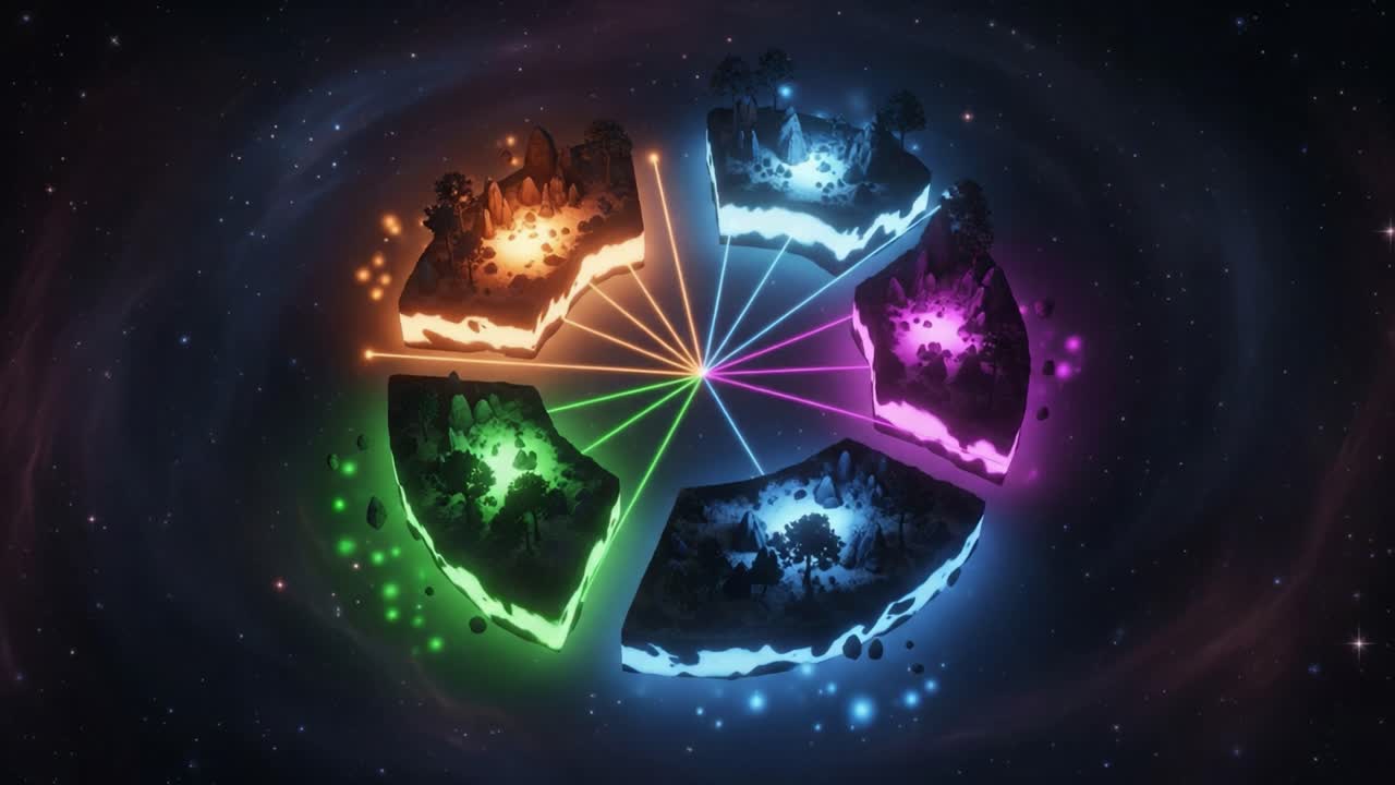 A Vibrant Cosmic Landscape Featuring Colorful Islands in Space, Each Radiating Unique Colors and Lights, Creating a Stunning Visual Experience of Otherworldly Beauty