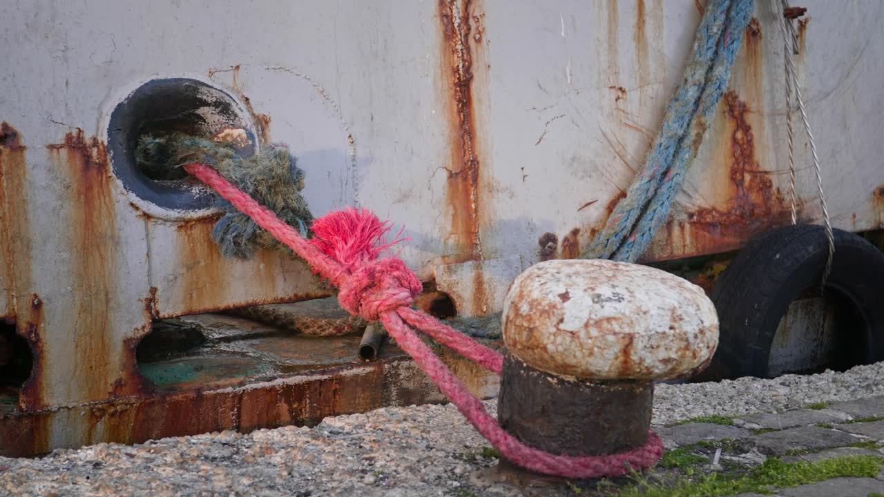 Rusty fishing boat moored to dockside bollard with red hawser rope