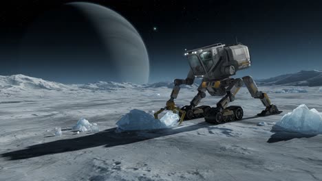 an advanced robotic vehicle explores the icy terrain of an alien moon, showcasing its unique design and technology while harvesting resources under a distant planet in the starry night sky