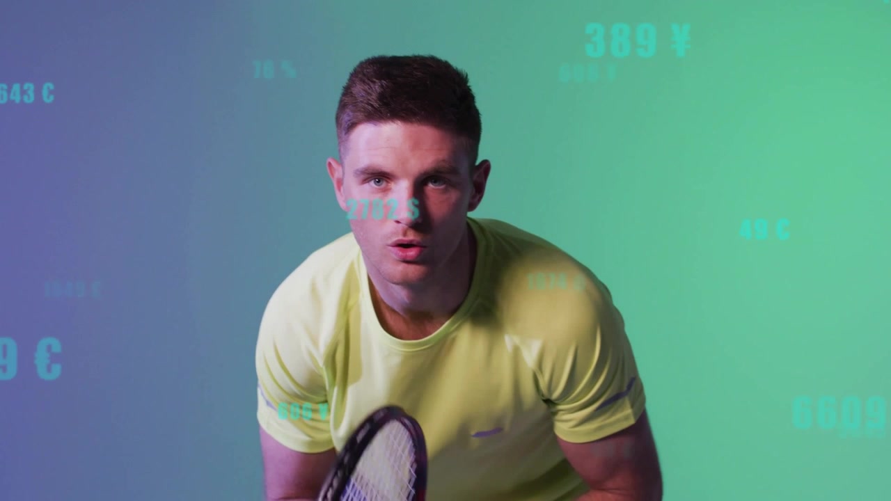 Male athlete sports training, adjusting racket and grip as cam centering and teal data crossing