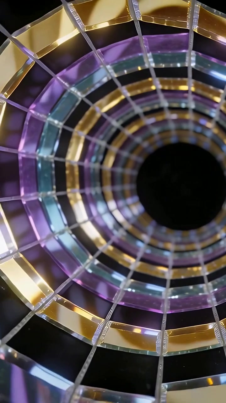 Video verticale: Telecamera che panoramica centrando un mosaico a specchio in studio, mostrando un vuoto oro-viola-verde acqua