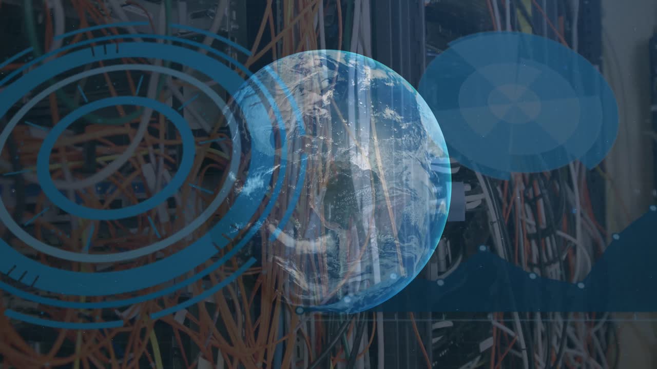 그래프와 서버 와이어 위에 회전하는 지구의 애니메이션