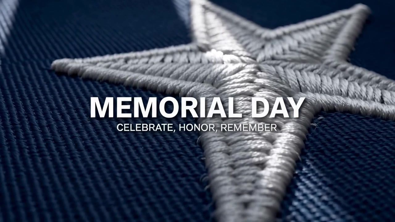 Pushing in, camera moving across five-point stitched star on navy cloth, showing MEMORIAL DAY title
