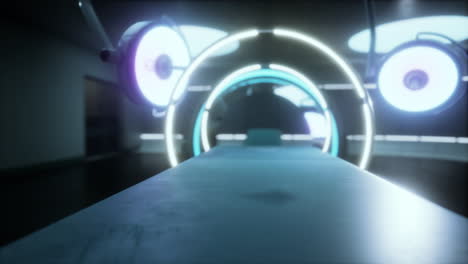 a futuristic operating room with a surgical table and bright lights