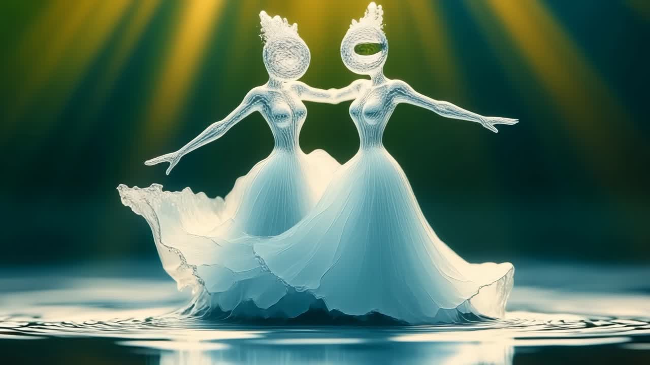 Graceful dancers in water show. Two graceful dancers wearing flowing dresses perform together in a serene, reflective water setting during twilight.