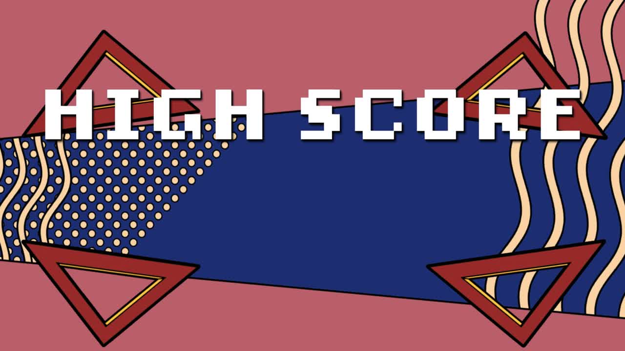 Animation of high score text and abstract shapes on blue and orange background
