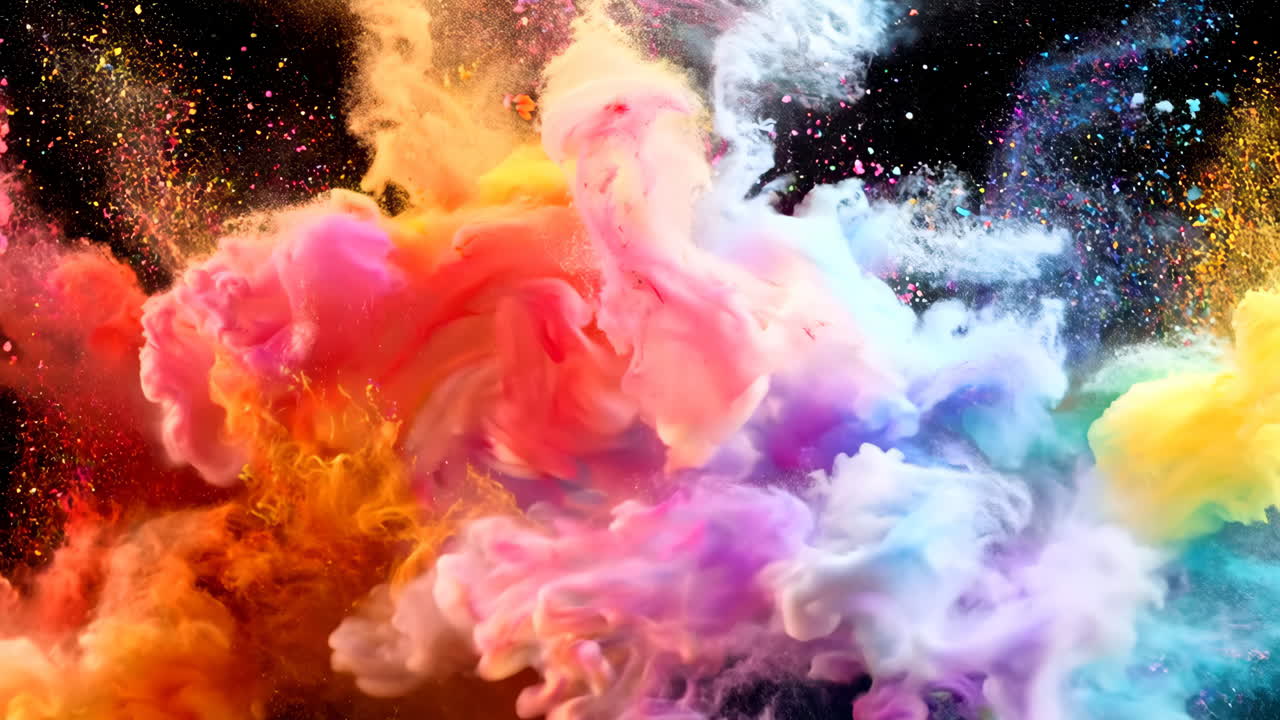 A colorful explosion of powdery dust is shown in the image. The colors are vibrant and varied, creating a sense of excitement and energy