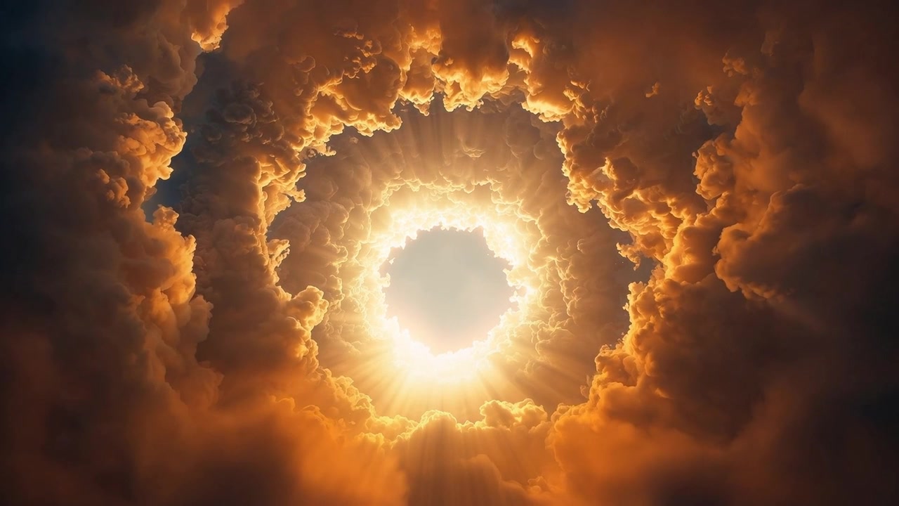 Apertura solare centrale che si illumina, riversando raggi caldi attraverso un anello di nuvole cumuliformi all'ora d'oro.