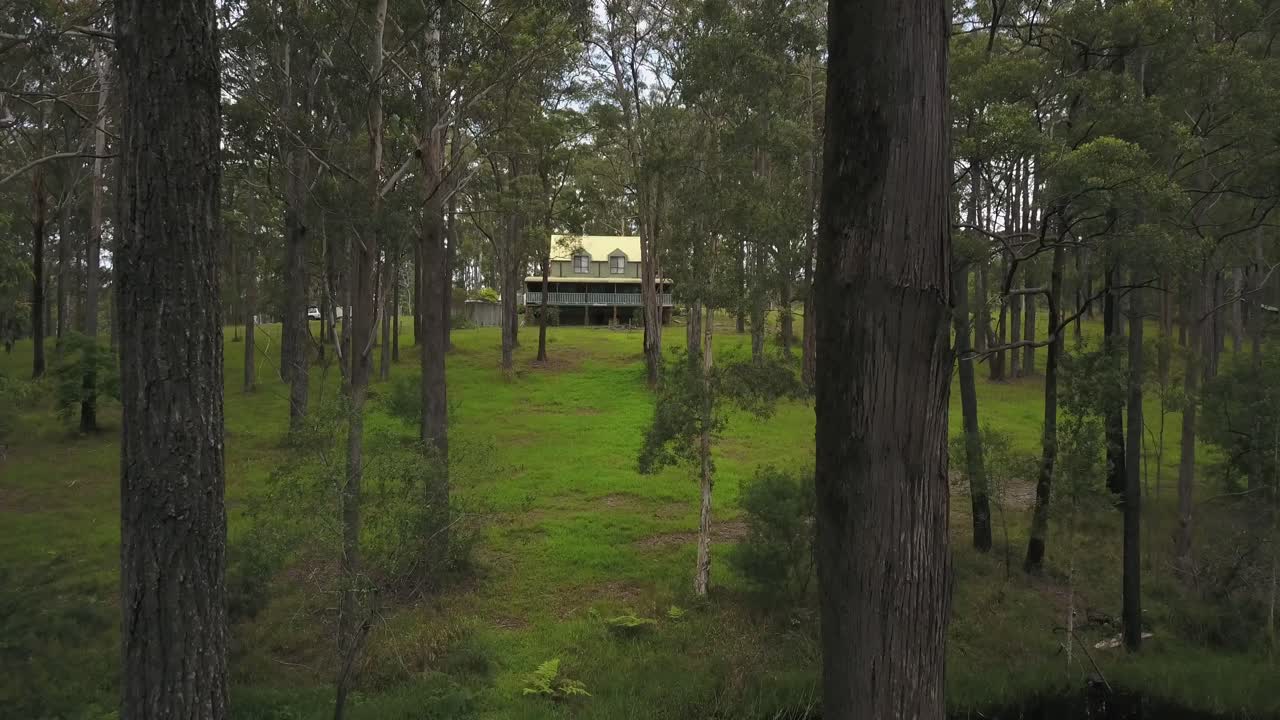 drone pasando entre árboles en bosques o parque de casa privada, nambucca hill en nueva gales del sur, australia