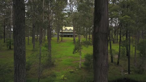 Drone-passing-between-trees-in-woods-or-park-of-private-house,-Nambucca-hill-in-New-South-Wales,-Australia