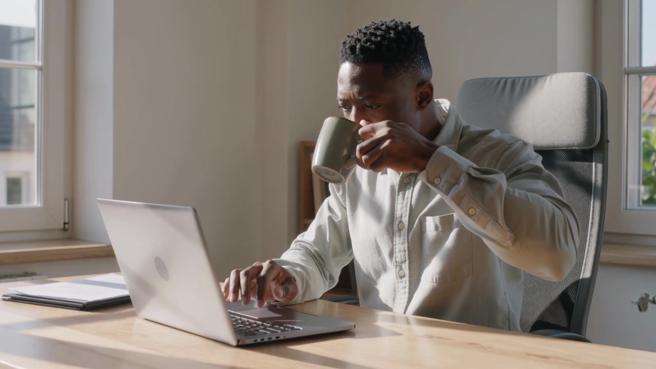 Pausing typing, man in light shirt reaching for green mug, sipping, refocusing at laptop at home