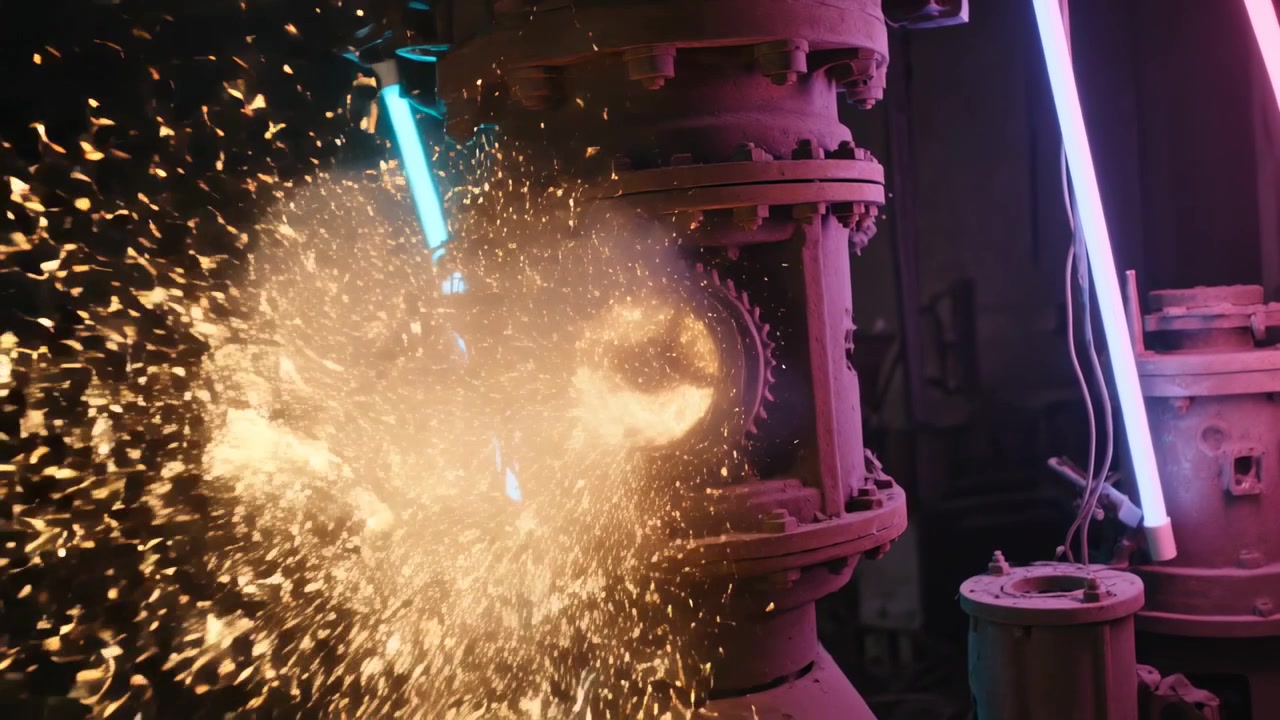 Cilindro arrugginito che si accende, spruzzando scintille arancioni da un'apertura di ispezione in officina, neon ciano magenta.
