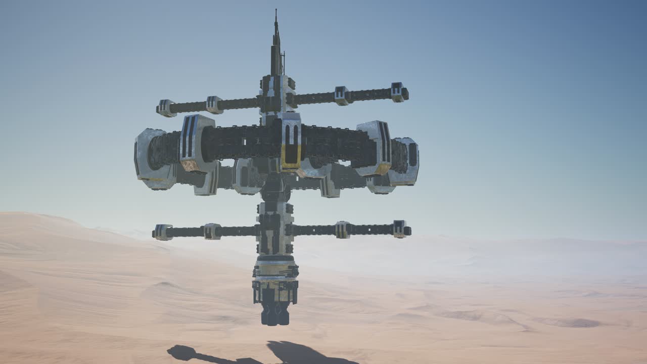 외계인 우주선이 사막 위를 회전하고 있습니다.