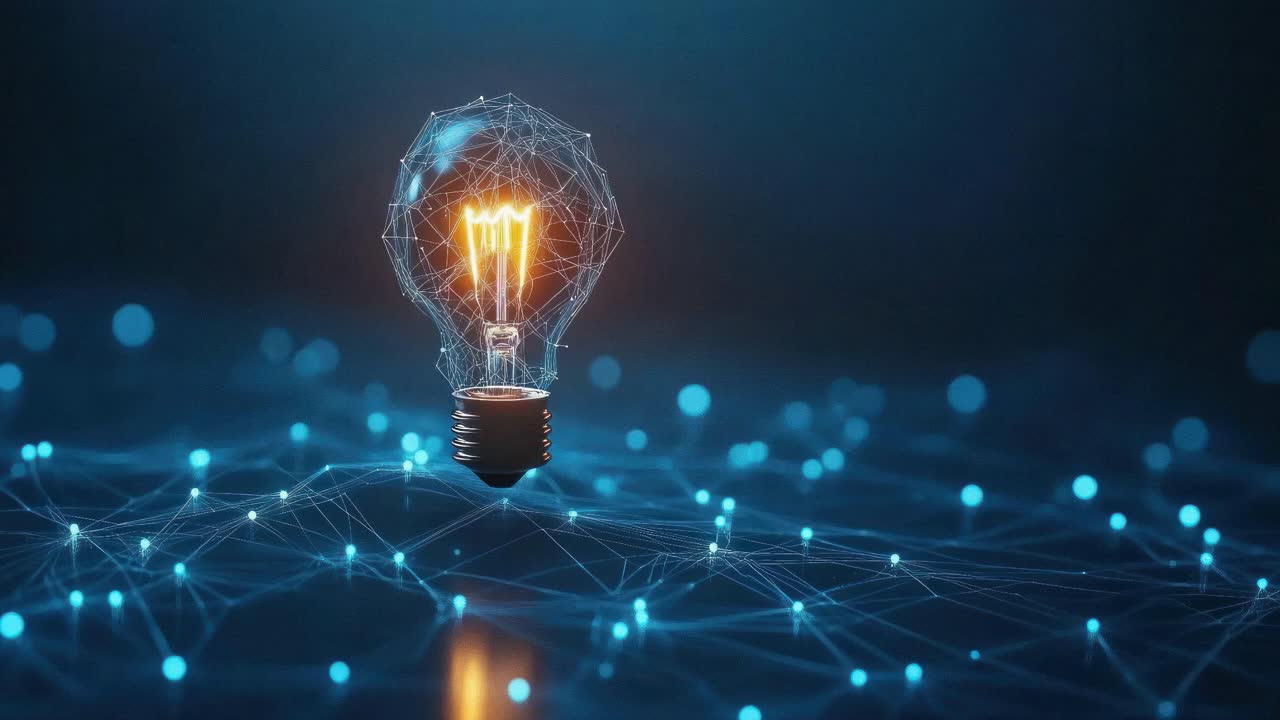 Futuristic video concept with a glowing light bulb surrounded by a digital network