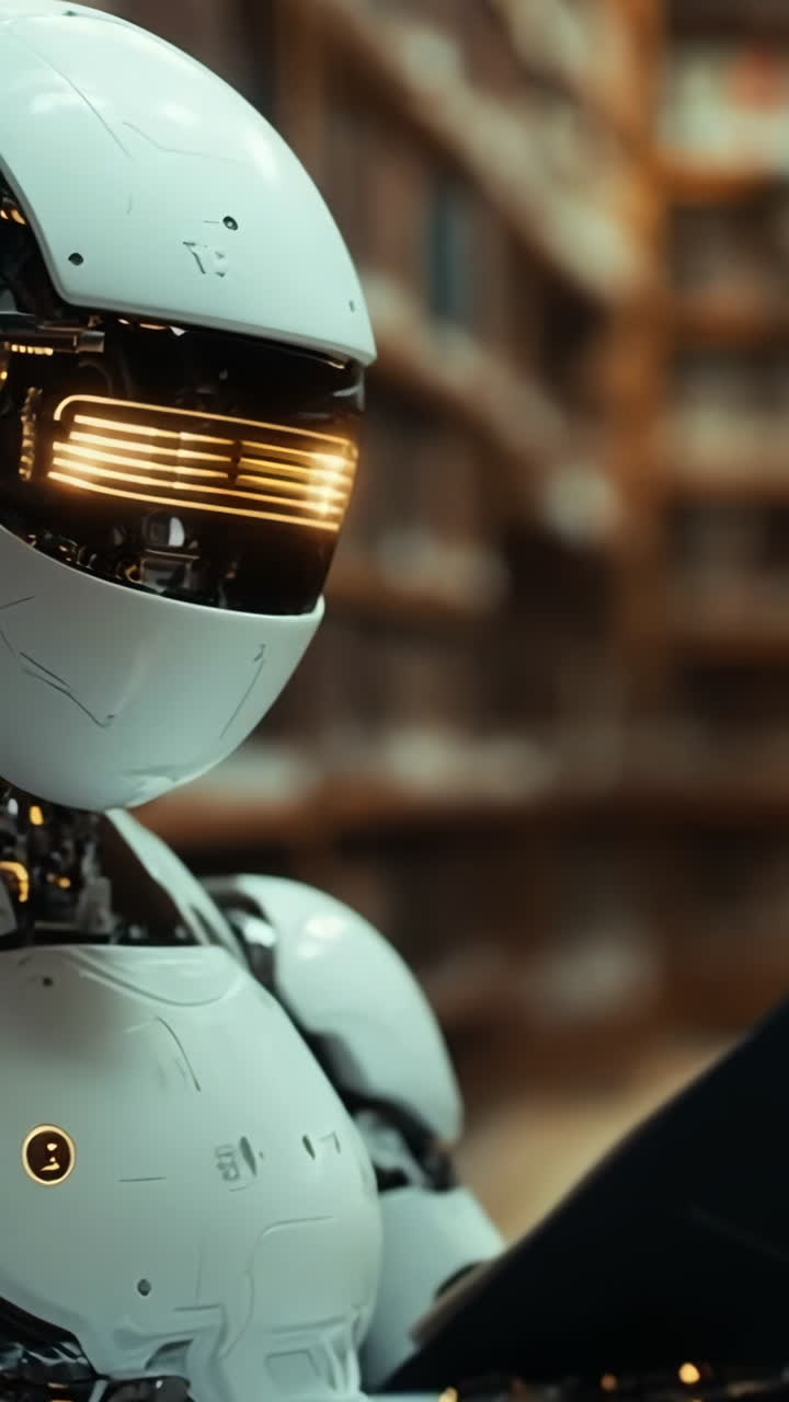 Robot studies book in library setting. A humanoid robot sits reading a book among shelves filled with books in a modern library.