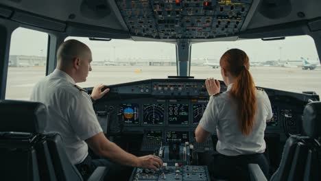 a dual perspective inside the cockpit: two pilots prepare for takeoff, focusing on instruments and communication in an airplane cockpit setting