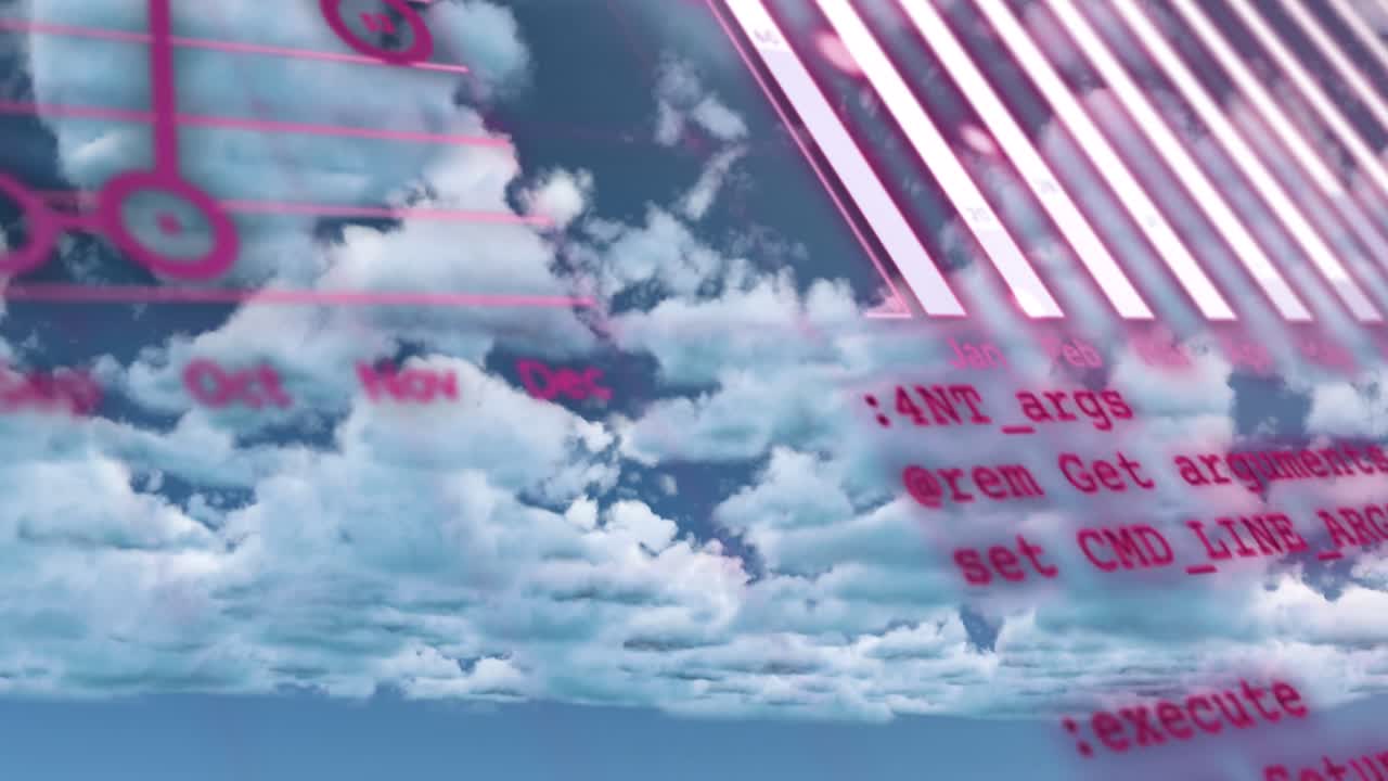 은 차트의 애니메이션과 구름이 많은 파란 하늘에서 데이터 처리가