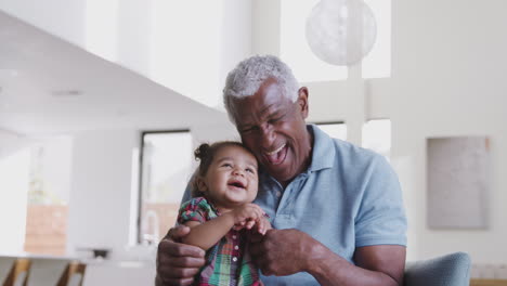 retrato de un abuelo sentado en el sofá en casa jugando un juego con su nieta bebé