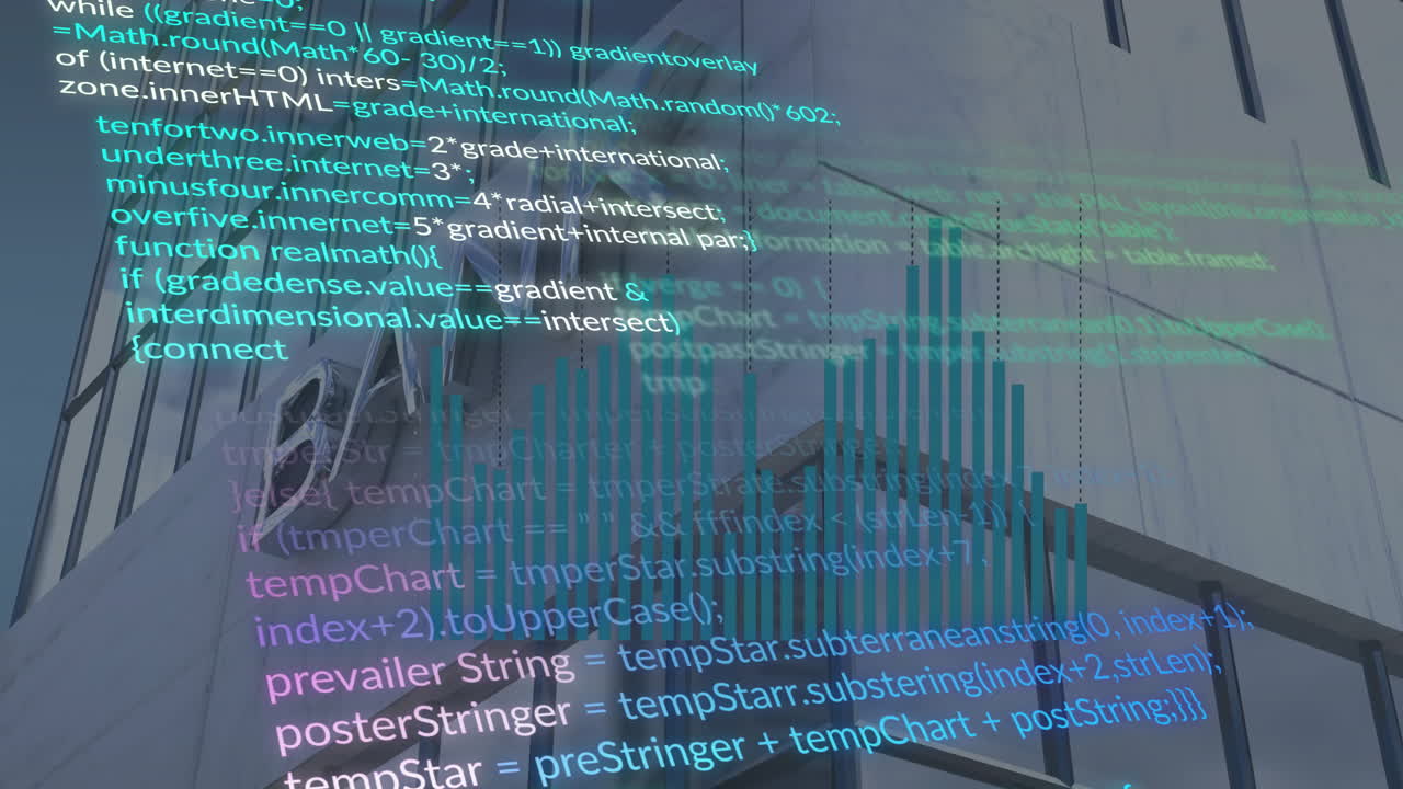 animación del procesamiento de datos financieros sobre el edificio bancario