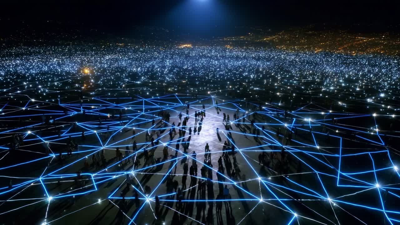 Mesmerizing Array of Illuminated Connections: An Expansive View of People Interacting Within a Shimmering Network of Lights, Symbolizing Unity, Technology, and Collective Energy Under a Starry Sky