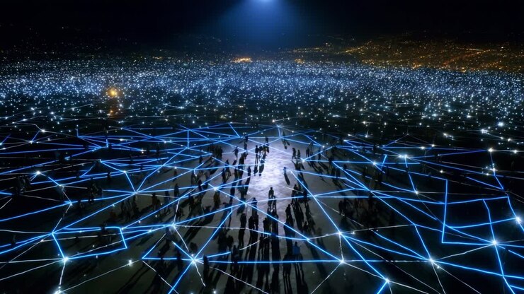 Mesmerizing Array of Illuminated Connections: An Expansive View of People Interacting Within a Shimmering Network of Lights, Symbolizing Unity, Technology, and Collective Energy Under a Starry Sky
