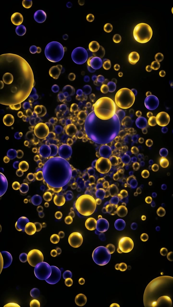 Animazione Astratta di Sfere Dorate e Viola Fluttuanti su Sfondo Nero