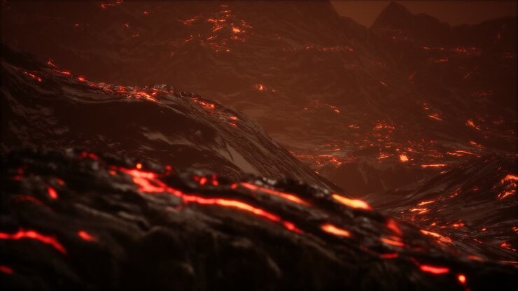 Red Orange vibrant Molten Lava flowing onto grey lavafield and glossy rocky land