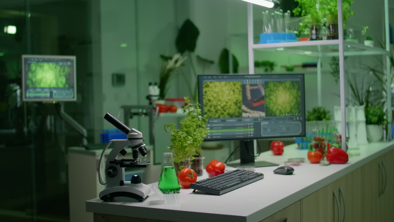 Empty microbiology laboratory with nobody in it equipped with professional equipment