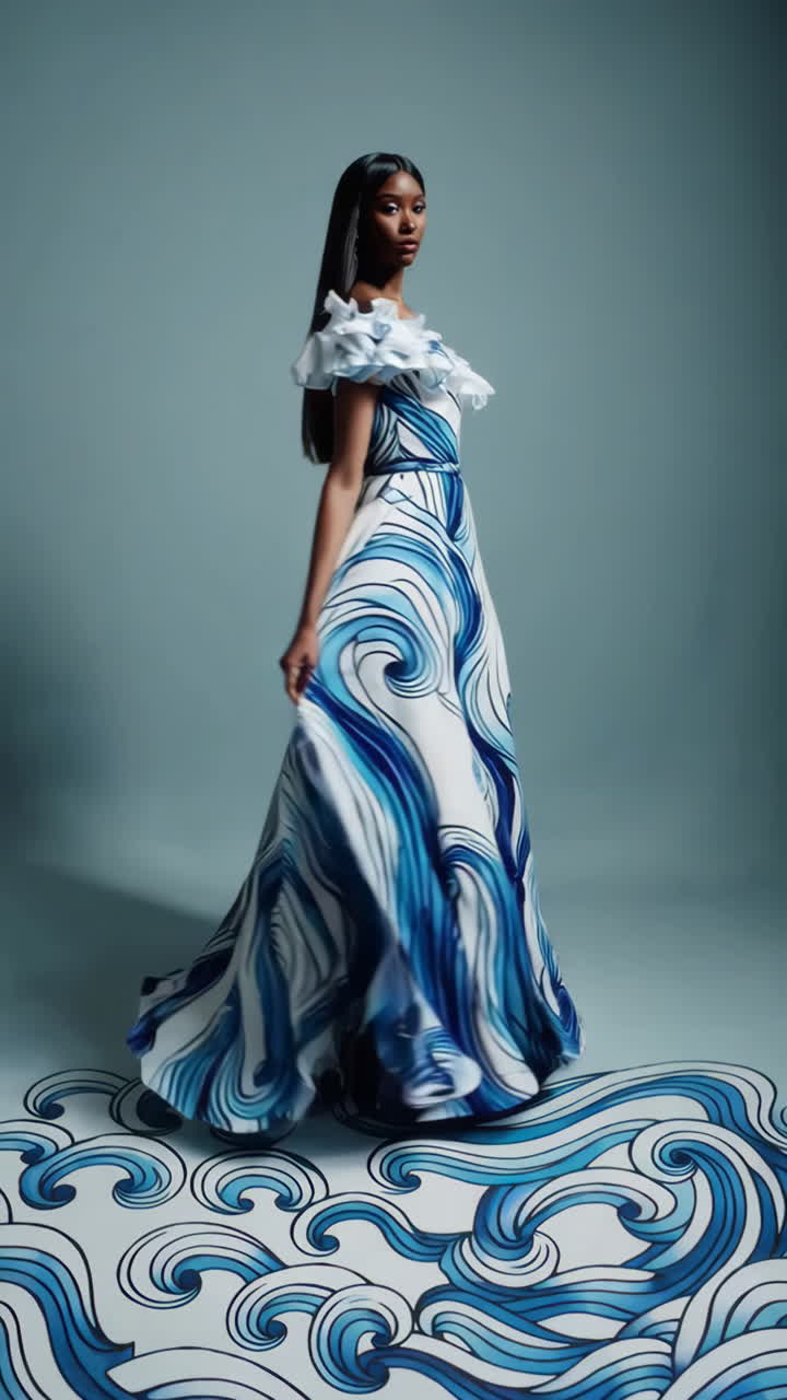 Woman in Elegant Blue and White Wave Pattern Dress