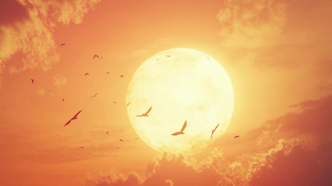 A serene sunset video with a low-angle view of birds silhouetted against a large, glowing sun