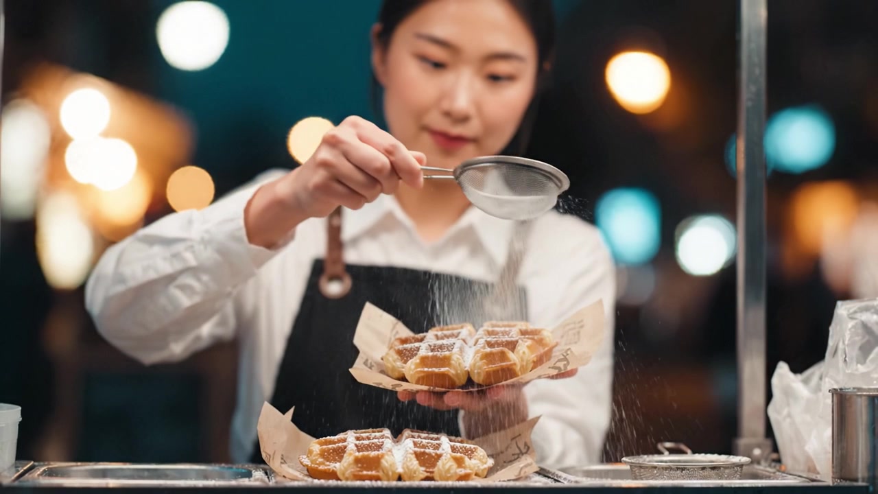 A Dedicated Vendor Showcases Delectable Waffles, Skillfully Served with Precision and Care at a Bustling Night Market, Highlighting Culinary Craftsmanship and Delight.