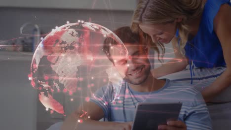 Animation-of-globe-and-networks-of-connections-over-caucasian-couple-using-tablet