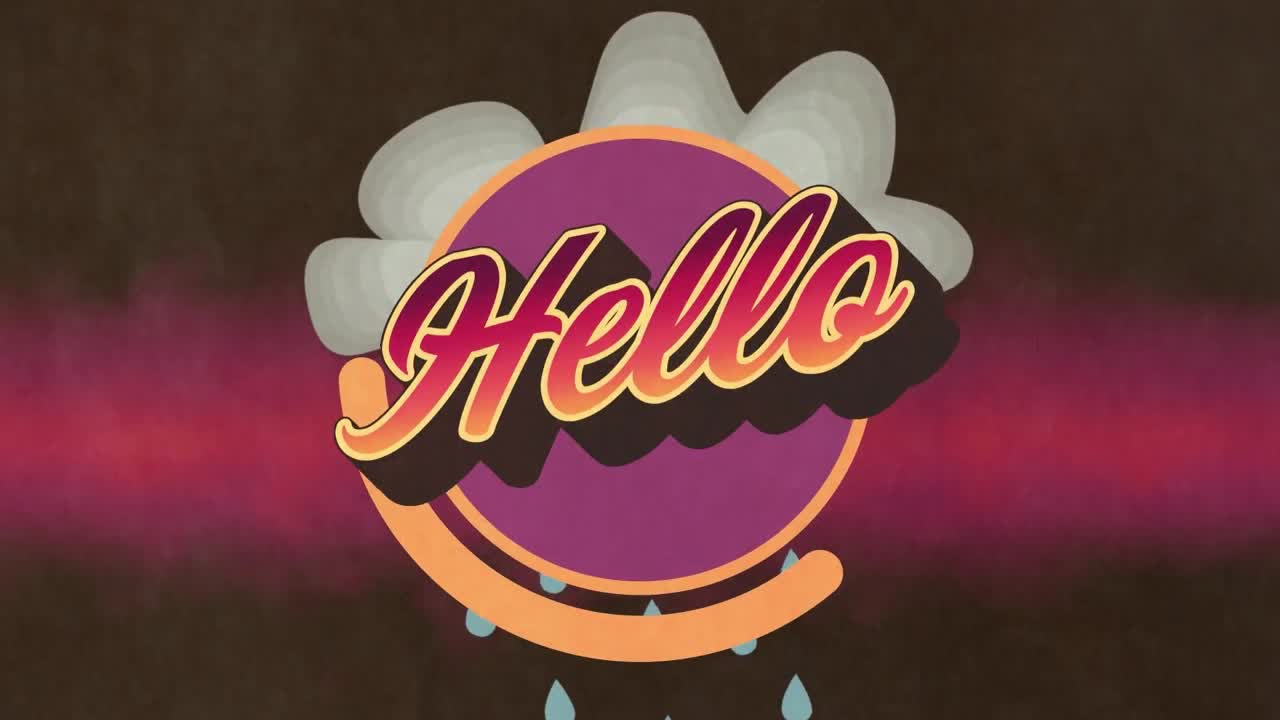 animación del texto de saludo sobre nubes y lluvia