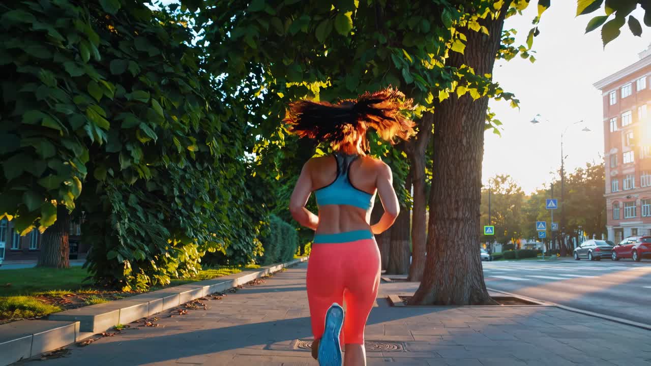 Video dinamico di una donna che fa jogging in una strada illuminata dal sole, ripreso da un angolo basso