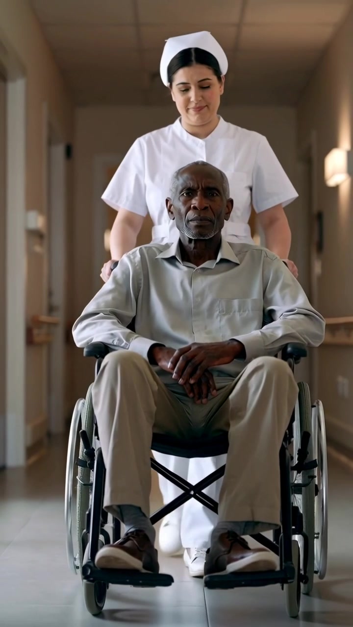 Vertical video: Entering frame nurse in cap pushing senior in wheelchair down ward to aid mobility