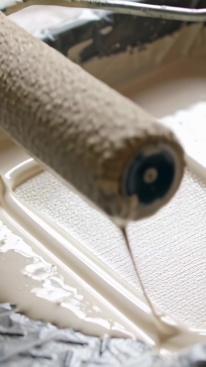 Video verticale: Rullo testurizzato con telaio metallico che viene premuto per raccogliere vernice beige in una vaschetta per dipingere.