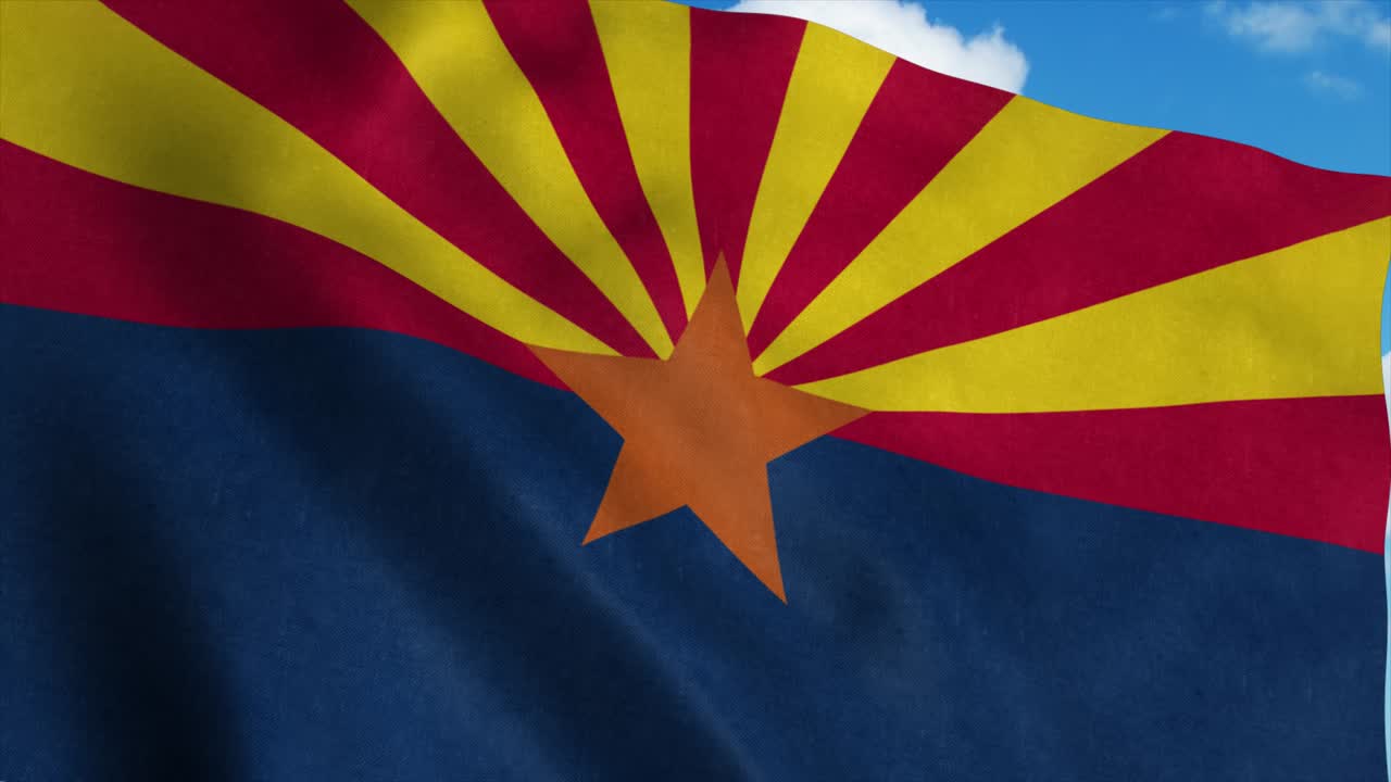 Arizona flag waving in the wind, blue sky background. 4K