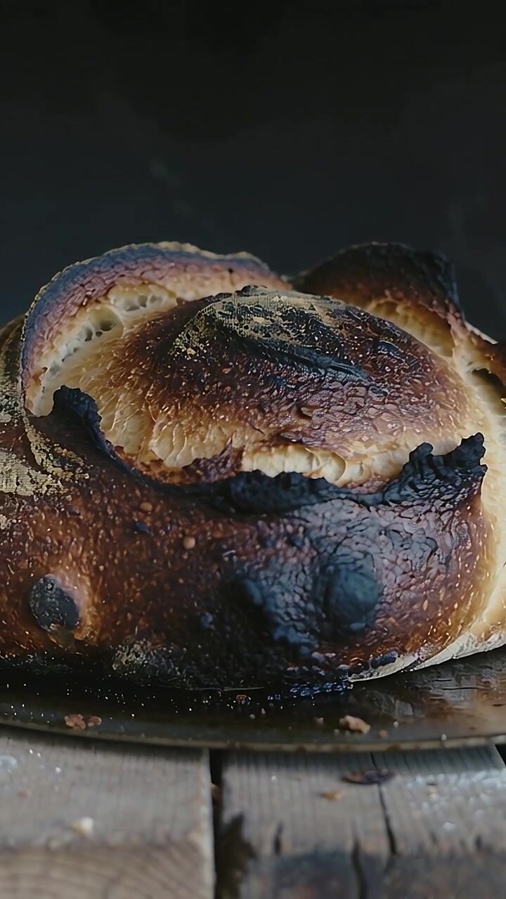 Vertical video: Pulling back camera showing loaf on wood board, capturing charred crust and crumbs