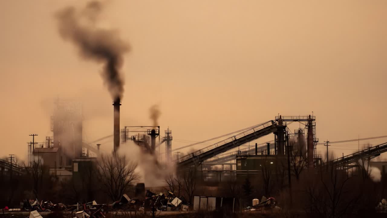 Luftforurening fra industribygninger, der udleder røg og gasser i skumringen, fremhæver miljømæssige udfordringer og byudviklingsproblemer.