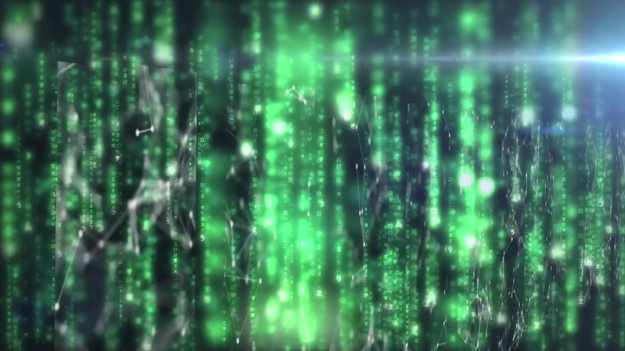 Animation of glowing white frame over digital city on black background