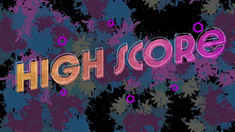 Animation-of-high-score-text-in-orange-and-pink-on-paint-splat-background