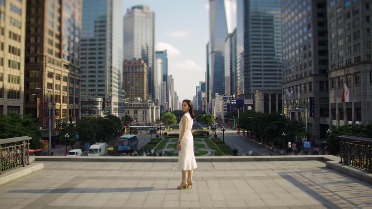 A young woman in a flowing white dress walks gracefully through a vibrant urban square surrounded by skyscrapers.