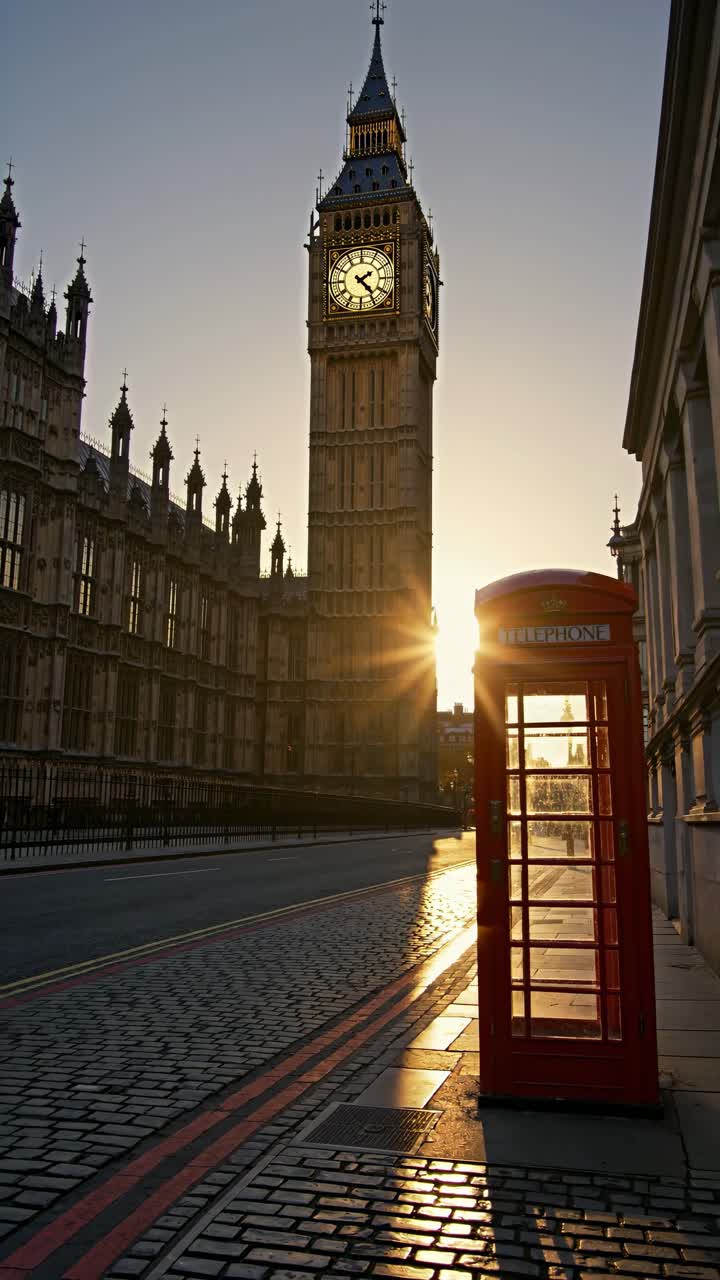 Sunset video capturing Big Ben and a red phone booth from a low angle, highlighting the golden hour