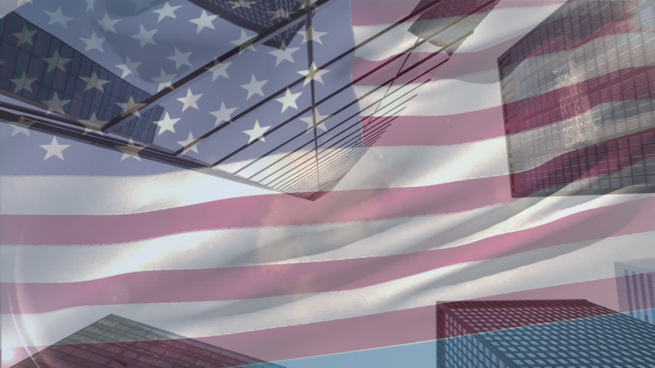 Animazione di bandiera americana con città sullo sfondo