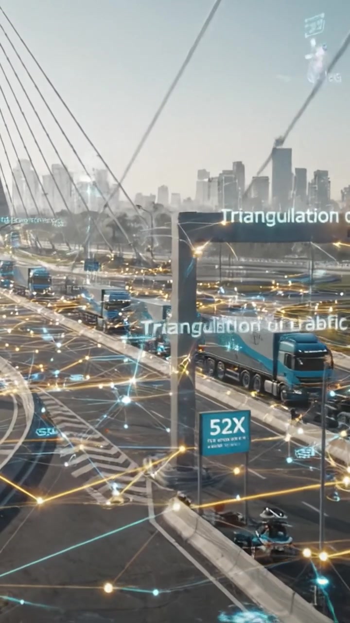 Autotrasporto Intelligente: una visione della logistica connessa in un paesaggio urbano con tecnologia 5G che migliora la gestione del traffico e l'ottimizzazione della flotta nel trasporto moderno